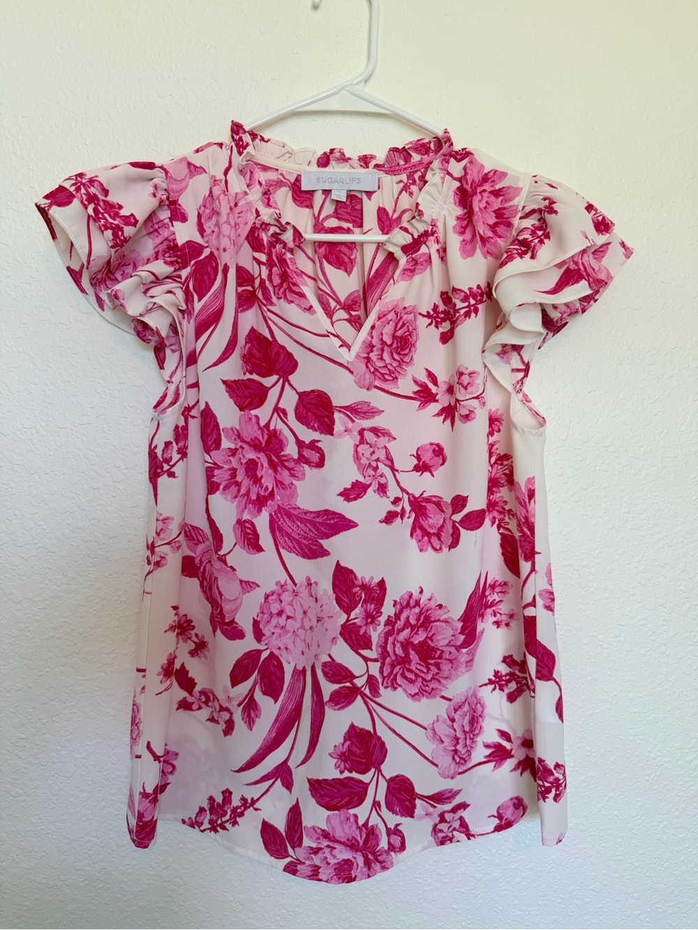 Sugarlips Cream Top with Pink Floral Print and Ruffle Sleeves